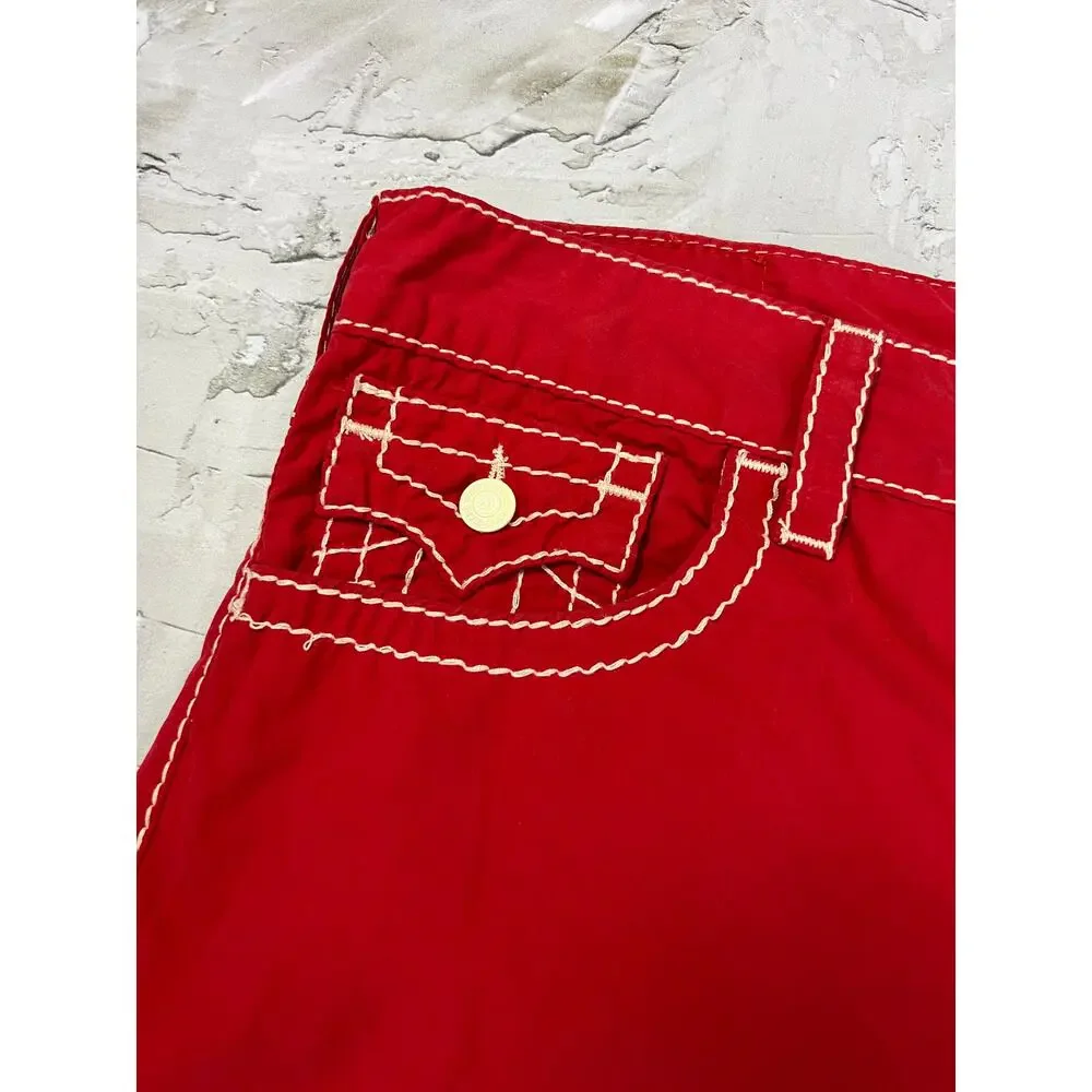 True Religion Big T Boardshort SIZE 33 Red White Stitch Cotton Swim Shorts EUC